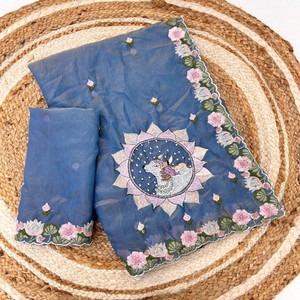 Sari VASTRA COTTAGE de Tela de Musgo Puro, Sari de Diseño con Bordado Floral de Primera Calidad con Blusa para Bodas y Fiestas - Product Image 5