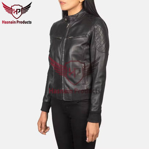 Veste en cuir véritable noir pour femme, col à boutons, en peau de mouton matelassée, poches zippées sur les épaules, style bomber, vêtement d'extérieur chaud personnalisé pour l'hiver - Product Image 2