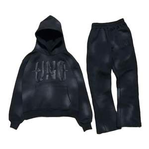 ชุดวอร์มกางเกงมีฮู้ดสองชิ้นสำหรับผู้ชายทรงหลวมโอเวอร์ไซส์ซักไหล่สีเทา - Product Image 6