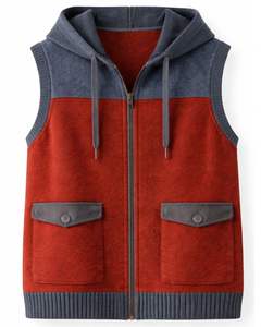 Customized <b>Men</b> Red And Grey Hooded Sleeveless Knit <b>Vest</b> Wool Acrylic Blend Full Zip Winter Casual <b>Sweater</b> Jacket With Pockets - Product Image 1
