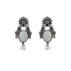 Pendientes de botón con diseño de pájaro verde menta y sol, engaste de bisel con perla de imitación, hechos de jade, ideales para regalo. - Product Image 2