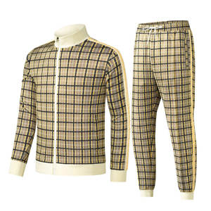 Survêtement à carreaux imprimés pour hommes, manches longues, fermeture à glissière sur le devant, col montant, survêtement vestes et pantalons actifs, tenues 2 pièces - Product Image 1