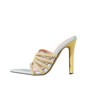 Sandales à talons bas et hauts en perles tendance pour femmes, à bout pointu, multicolores, avec bride unique - Product Image 1