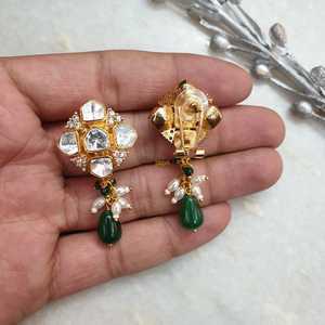 <b>Emerald</b> Green Moissanite Kundan Polki <b>Studs</b> Fashionable <b>Stud</b> <b>Earrings</b> - Product Image 3