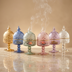 LW74 Luxury Heat-Resistant Glass Incense Burner Elegant Ribbed Glass Burner for <b>Bakhoor</b>, <b>Oud</b> & Resin. Gold Line Accents - Product Image 2