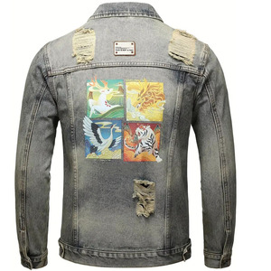 เสื้อแจ็กเก็ตผ้าฝ้ายผสมสำหรับผู้ชาย, เสื้อแจ็กเก็ตผ้าเดนิมแขนยาวปกกระดุมด้านหน้าสำหรับการใช้งานกลางแจ้งแบบลำลองมีโลโก้ - Product Image 2