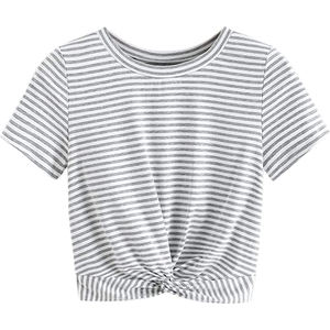 Camiseta corta blanca con nudo frontal para mujer, de algodón suave, informal, para verano, venta al por mayor. - Product Image 1