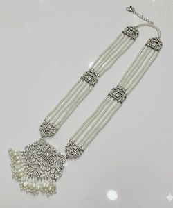 Exquisite Multi Strand White Seed Pearl <b>Choker</b> Featuring Intricate <b>Silver</b> Filigree Metalwork Encrusted With Shimmering Clear - Product Image 2