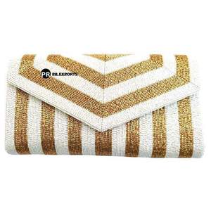 Women's Designer Wedding Party Handbag Gold White Beaded Clutch Magnetic Closure Shoulder/<b>Chain</b>/<b>Cross</b>-Body Strap Striped Elegant - Product Image 1