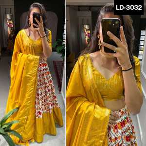 Vêtements ethniques indiens Dola Silk Patola Print avec Foil Work Lehenga Choli avec toile et boîte de conserve attachée à Lehnega avec Dupatta - Product Image 6