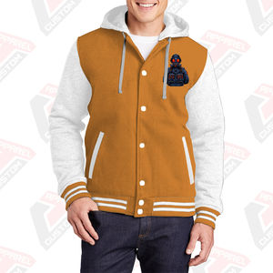 Men's Stylish Warm Varsity Jacket with Hood 100% Cotton Fleece Embroidered Technics Digital Printing Plain Dyed for Winter - Product Image 3