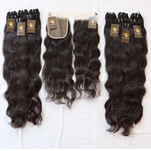 Tissage en lot de cheveux humains vierges ondulés, indien Temple, avec fermeture en dentelle, cuticule brésilienne de vison brut alignée Ha - Product Image 1