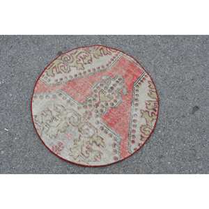 Alfombra turca Vintage de 2,7x2,7 pies, lana roja y Beige, diseño de retazos de área grande para pasillo, dormitorio, habitación rectangular de látex para cabecera - Product Image 2