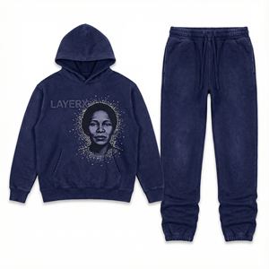 Sudadera con Capucha y Pantalones Deportivos de Algodón Estampado Ligero para Mujer, Talla Grande, Lavado Vintage, con Pedrería, Ropa Urbana, Venta al Por Mayor Personalizada - Product Image 1