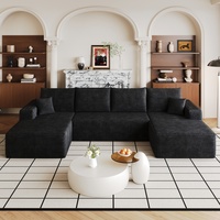 Canapé sectionnel en tissu velours côtelé noir, confortable et luxueux, avec assise profonde, 134 pouces, en forme de U, pour salon