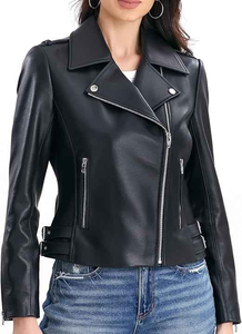 Veste en cuir véritable pour femmes à la mode haut de gamme Matériau en peau de mouton Design moto classique avec col montant et silhouette ajustée - Product Image 2