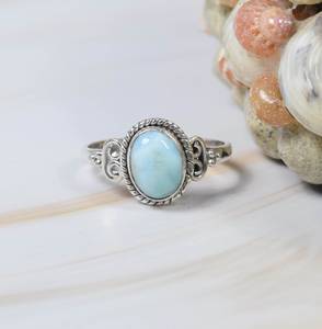 Bijoux fins précieux 100% bijoux en argent véritable bague en pierres précieuses Larimar forme brillante ovale belle couleur bleue pierre anneaux fins - Product Image 1