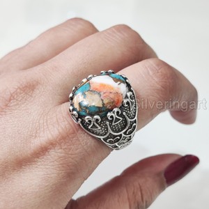 Nouveauté bague pour homme huître naturelle cuivre turquoise pierre précieuse bague de naissance pouf bijoux vintage bague en argent sterling 925 - Product Image 1