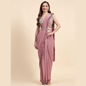 Lanzamiento de hermosa tela importada de diseñador con volantes con exquisito cinturón de trabajo hecho a mano Sari ready made al por mayor por Royal Export - Product Image 4