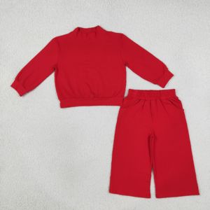 Ensemble deux pièces rouge pour petites filles, haut à manches longues et col montant avec pantalon à taille élastique, tenue d'automne en coton - Product Image 1