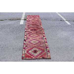 Turkish Vintage Rug, 2.6x10 ft <b>Runner</b> Rug, <b>Red</b> Pink Check Rug - Product Image 1