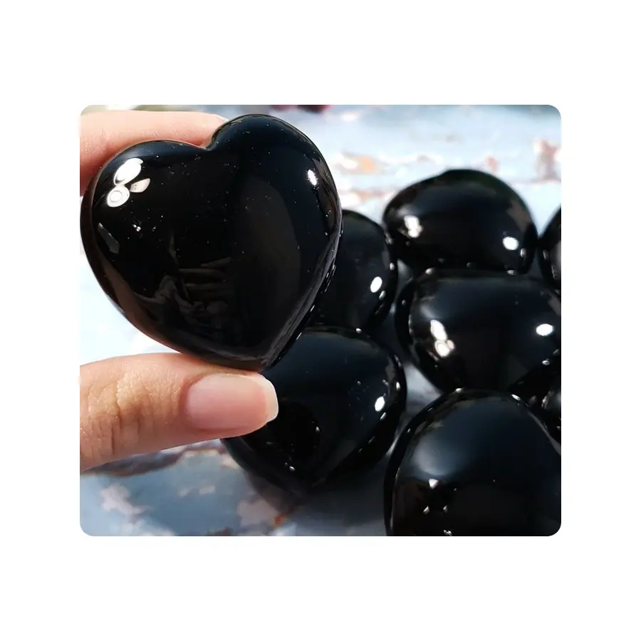 Toptan siyah obsidyen kristal kabarık kalp-doğal taş siyah obsidyen kalp-toplu obsidyen kristal