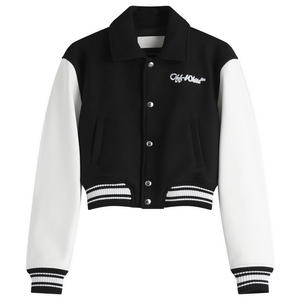 Custom Women's Simple Cropped Varsity <b>Jacket</b> in Black/<b>White</b> Breathable Knitted Wool Letterman <b>Jacket</b> - Product Image 6