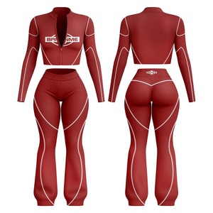 GSM polyester spandex women <b>crop</b> T shirt and leggings set <b>red</b> black panel design heat transfer custom logo Print Women's Sets - Product Image 6