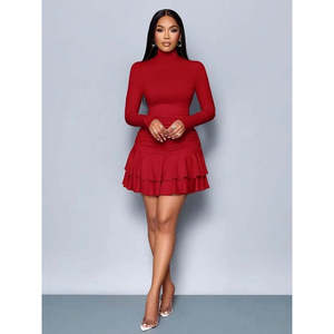 Robe courte à col roulé et manches longues pour femme, 38056 - Rouge - Product Image 2
