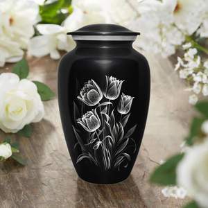 Urna Funeraria de Aluminio Negra con Diseño Floral para Cenizas Humanas - Urna Conmemorativa para Adultos - Product Image 1