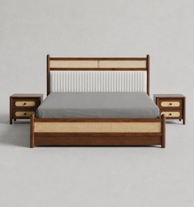 Midcentury Modern Vintage Retro Wooden Panel Platform <b>Bed</b> with Upholstered <b>Headboard</b> Bedroom Furniture Set - Product Image 1