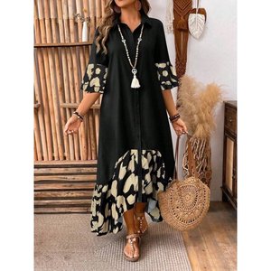 Robe longue Aerobin pour femme, à manches courtes, col et fermeture boutonnée, détail asymétrique sur le devant, 37418 - Noir - Product Image 6