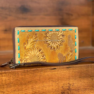 Portefeuille Western en cuir repoussé fait à la main vente chaude 100% portefeuille en cuir véritable Floral point à la main pochette personnalisée en peau de vache - Product Image 2