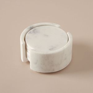 Premium Round White <b>Marble</b> <b>Coaster</b> Set With Matching Holder For Modern Home Decor And Elegant Tabletop Accent Styling Edition - Product Image 1