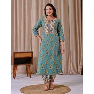 Conjunto de Kurta Afghani de Corte Recto con Estampado Butta Block, Estilo Casual Cian - Product Image 3