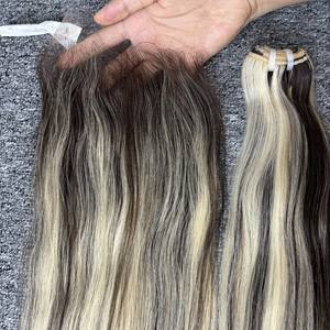 Extensions de cheveux humains lisses, balayage, double trame, blond cendré, brun foncé, cheveux vierges bruts vietnamiens - Product Image 3
