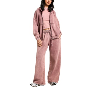 Nouveau élégant femmes Logo personnalisé acide lavage fermeture éclair à capuche survêtement jambe survêtement pantalon survêtement pièce ensemble femme survêtement 2026 - Product Image 1