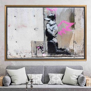 Elegante Lienzo Decorativo con Impresión Artística de Niño de Banksy en Vidrio Templado, Lienzo con Marco Dorado - Product Image 1