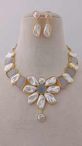 Azure Blossom Ethnic Style Necklace Set Unique <b>Large</b> Oval Aqua <b>Stone</b> and Brass for Weddings Parties Engagements Anniversaries - Product Image 6