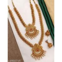Parure de bijoux traditionnelle indienne en laiton plaqué or, collier long et court style temple du sud de l'Inde et boucles d'oreilles Jumkha, pour femme, mariage, fiançailles, fête