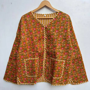 Veste en coton imprimé à la main en Inde, matelassée, écologique, à blocs de couleur, respirante, réversible, à fleurs, boutonnée, toutes saisons - Product Image 1