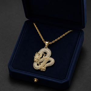 Collar con Colgante de Dragón Enrollado Chapado en Oro de 14K con Micro Pavé de Circonitas Cúbicas AAA y Cadena de Cuerda P002 - Product Image 1