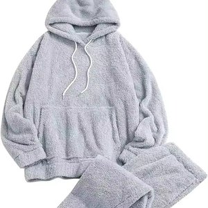 ชุดนอน2ชิ้นผ้าฟลีซขนแกะฟูระบายอากาศสำหรับผู้หญิงชุดนอนลำลองแขนยาวมีกระเป๋าและกางเกง - Product Image 1