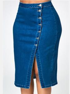 Falda vaquera larga hecha a medida de fábrica para mujer, estilo de moda juvenil, algodón puro, temporada de otoño, botón, decoración, Logo, bolsillos en la cintura - Product Image 4