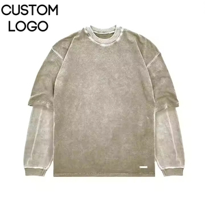 T-shirt en toile à manches longues à col rond surdimensionné respirant 100% coton pour homme Style streetwear à manches doubles - Product Image 1