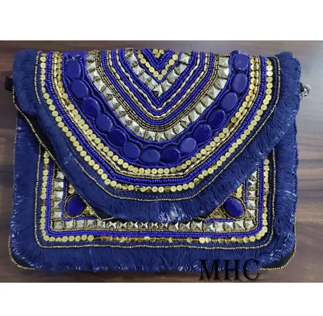 Dark Blue Handmade Beaded Patchwork Ladies Bag Fancy Design Perse For Girls And Part Ware