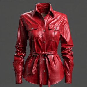 เสื้อหนังแฟชั่นสำหรับผู้หญิง, เสื้อหนัง PU สำหรับขี่มอเตอร์ไซค์เสื้อเชิ๊ตหนังมีกระเป๋าหน้าอกกระดุม - Product Image 3