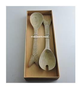 Juego de servidor de ensalada de madera de la mejor calidad india con mango de resina blanca para juegos de mesa de cocina cuchara y tenedor para comer alimentos - Product Image 5