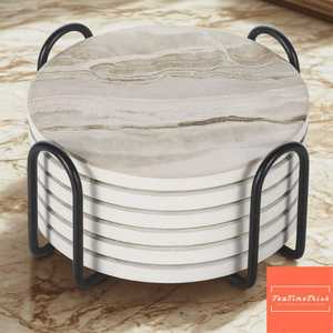 Juego de 6 Posavasos de Mármol con Base de Corcho Antideslizante y Soporte Metálico para Protección de Mesa - Product Image 4