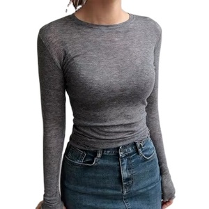 Camiseta de Manga Larga de Algodón Elástico Básico de Alta Calidad para Mujer, Tops Casuales, Camiseta Básica Delgada y Sexy - Product Image 1